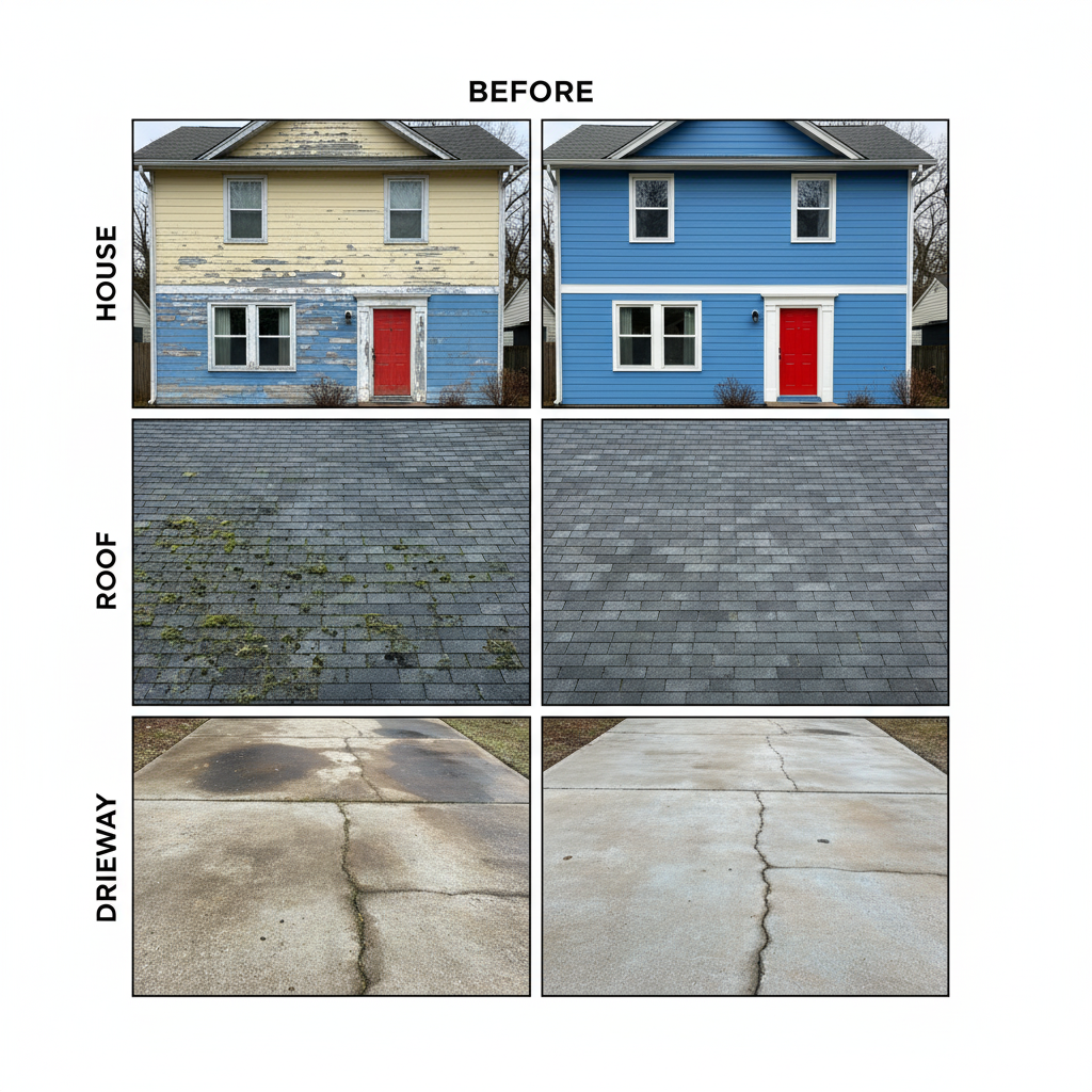Collage showing house, office roof and driveway before-and-after photos